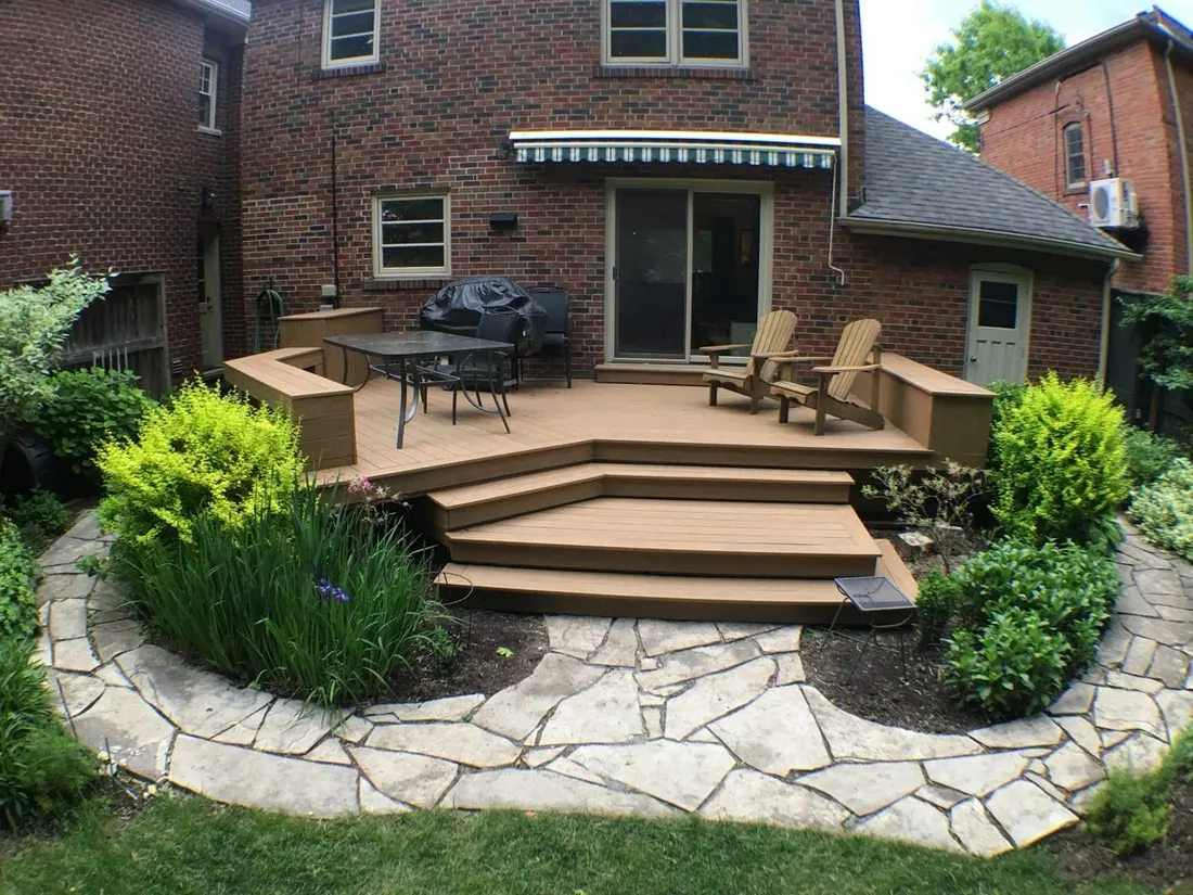 Recent Northern Deck project: brown composite deck with wide wrap-around steps